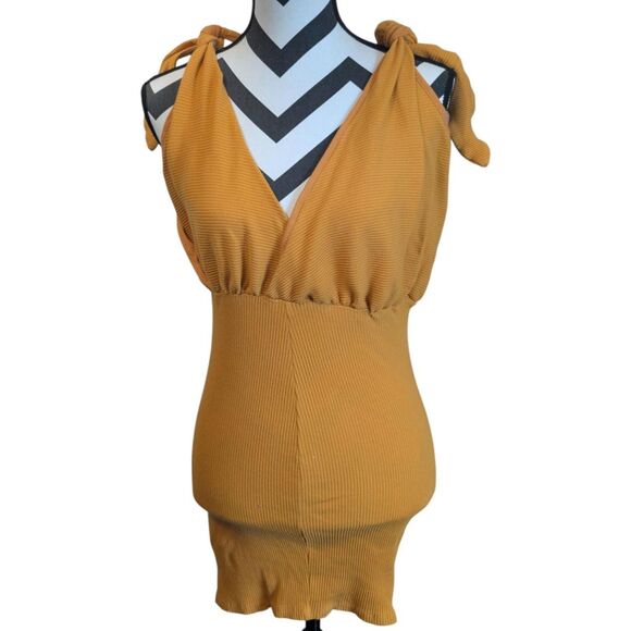 Free People Beach Golden Hour Ribbed Mini Dress Mustard Yellow L - Picture 1 of 5